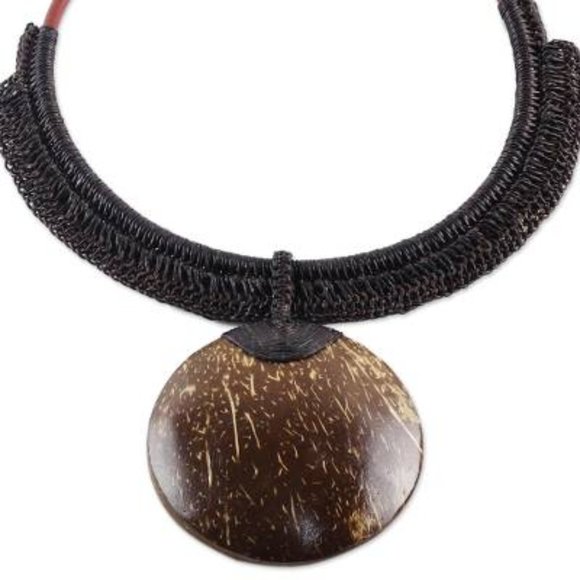 Statement Necklace, "Rustic Moon in Dark Brown" - Picture 1 of 7